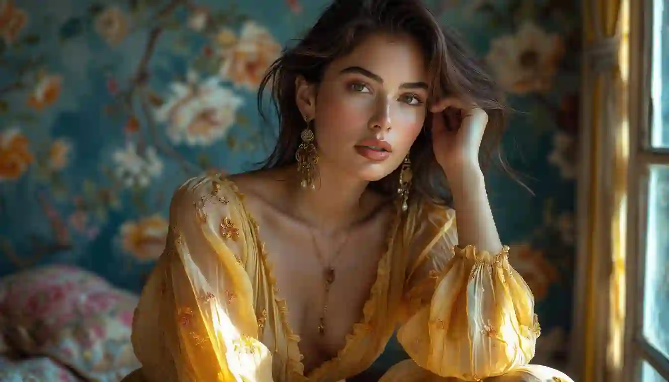 Model posing in a high-fashion editorial photoshoot with retouched lighting and vibrant color tones highlighting fabric details and makeup.